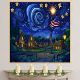 Whimsical 4th of July Village Scene with Fireworks, American Flag, and Starry Swirling Sky, Glowing Homes and a Festive Night Full of Wonder and Celebration on Ready to Hang 1.5" Thick Canvas Wrap, Floating Framed Canvas, Flat Rolled Canvas